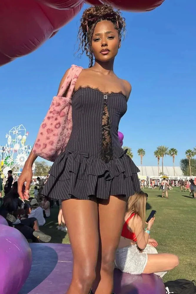 Hollow Out Lace Off-Shoulder Strapless High Waist Mini Dress
