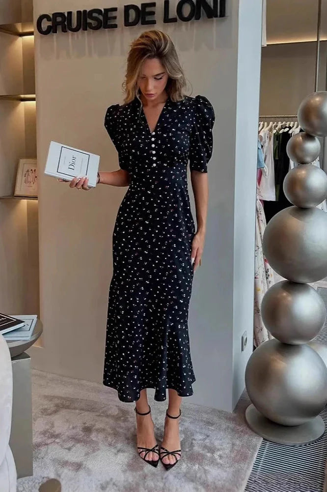 Elegant Printed Puff Sleeve V-Neck High Waist Maxi Dress