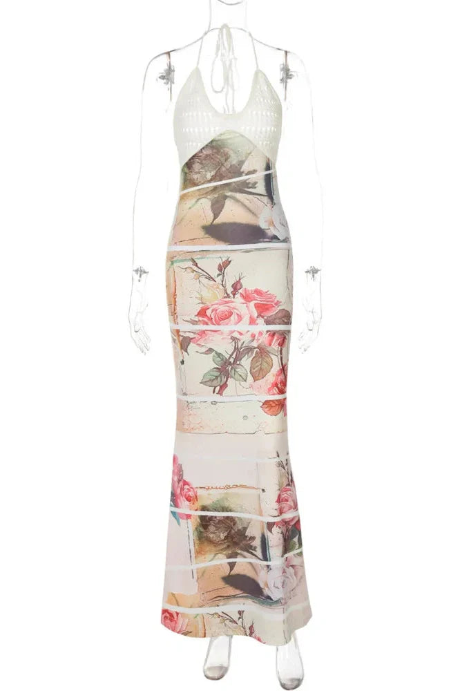 Backless Printed Patchwork Lace-up Sleeveless Bodycon Maxi Dress