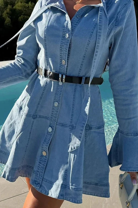 Long Sleeve Slim Pleated Lace Up Mini Dress