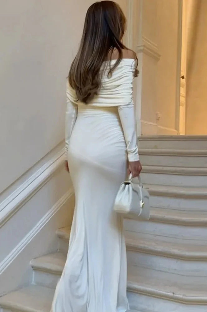 Inclined Shoulder Long Sleeve Strapless High Waist Bodycon Maxi Dress
