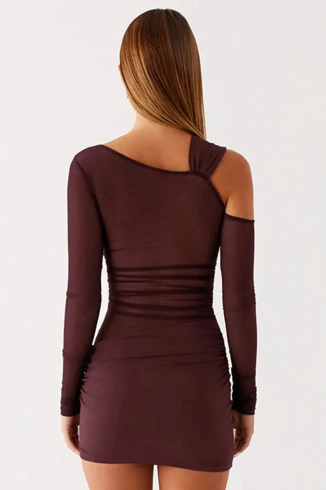 Inclined Shoulder Long Sleeve See Through Backless Mini Dress