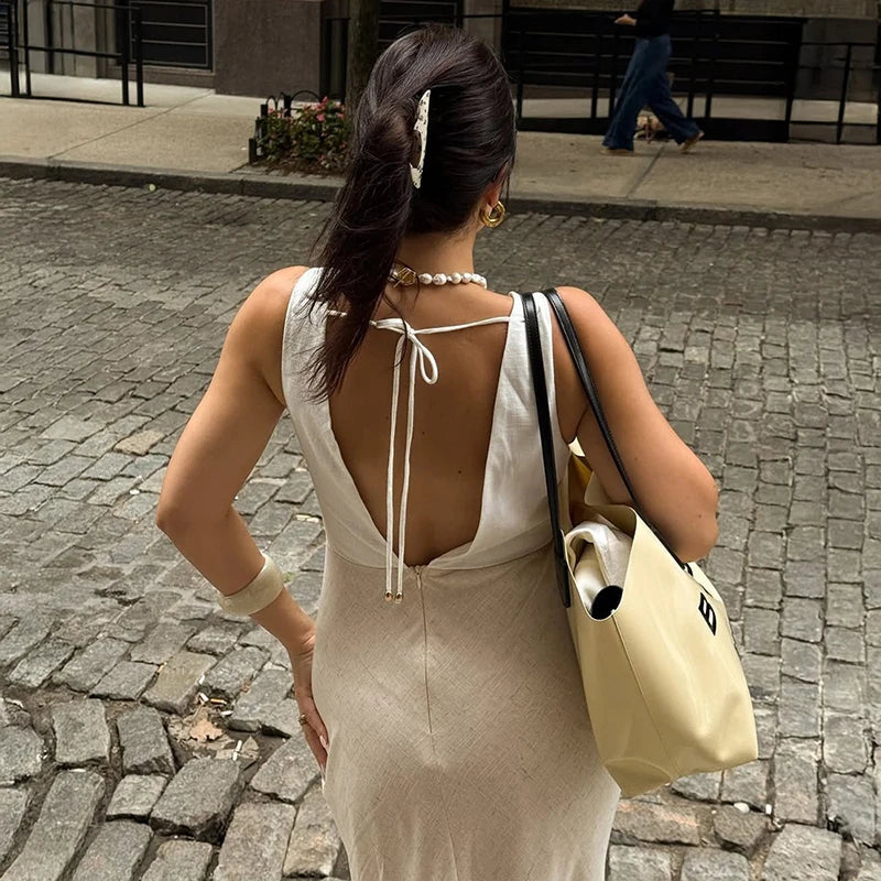 V Neck Sleeveless Lace Up High Waist Maxi Dress