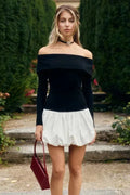Elegant Off-Shoulder Patchwork Long Sleeve Slim Mini Dress