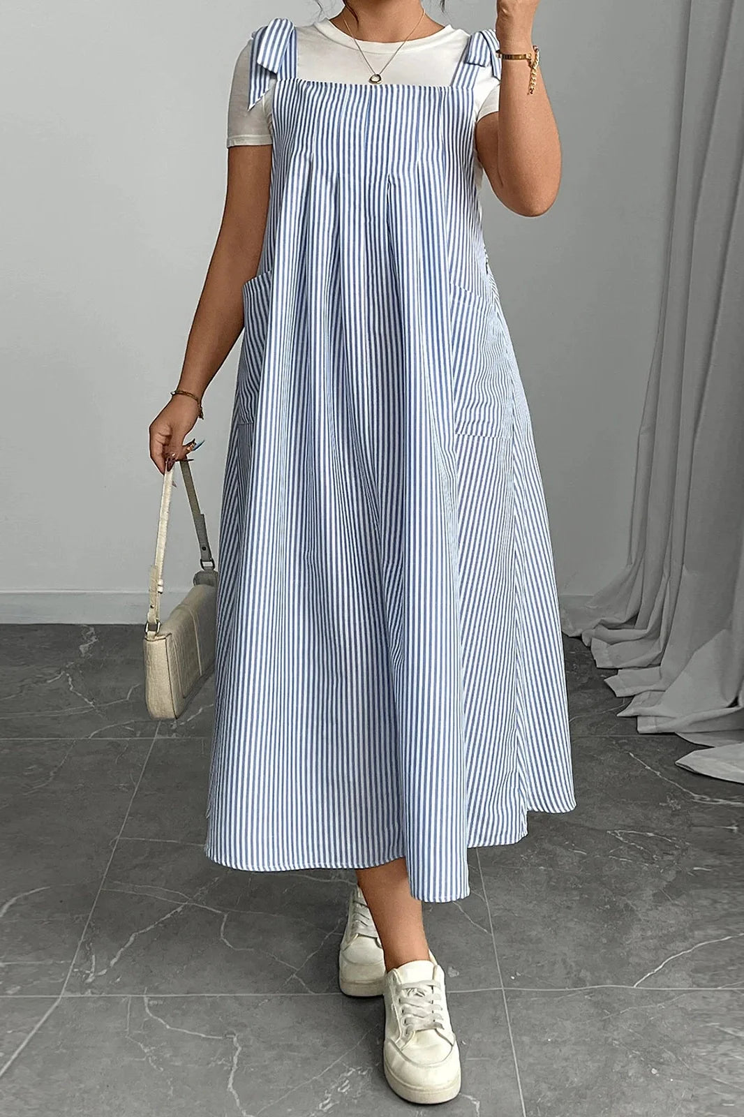 Sleeveless Tie Shoulder Striped Loose Maxi Dress