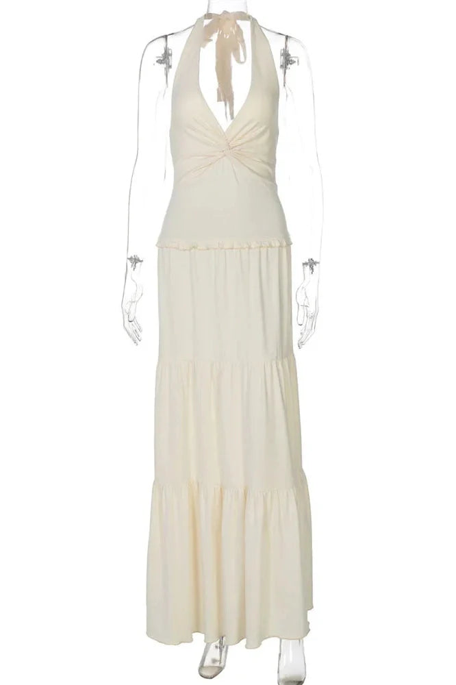 V-Neck Lace-Up Patchwork Pleated Slim Maxi Dress