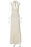 V-Neck Lace-Up Patchwork Pleated Slim Maxi Dress