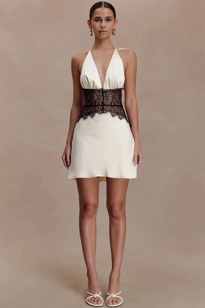 Lace Patchwork V Neck Sleeveless Backless High Waist Mini Dress