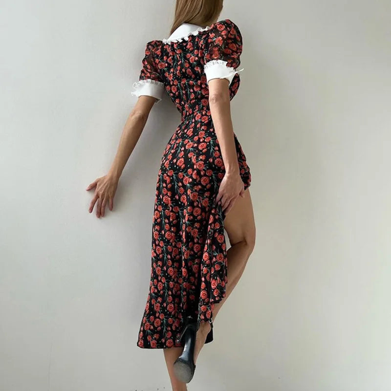 V Neck Printed Split High Waist Maxi Dress