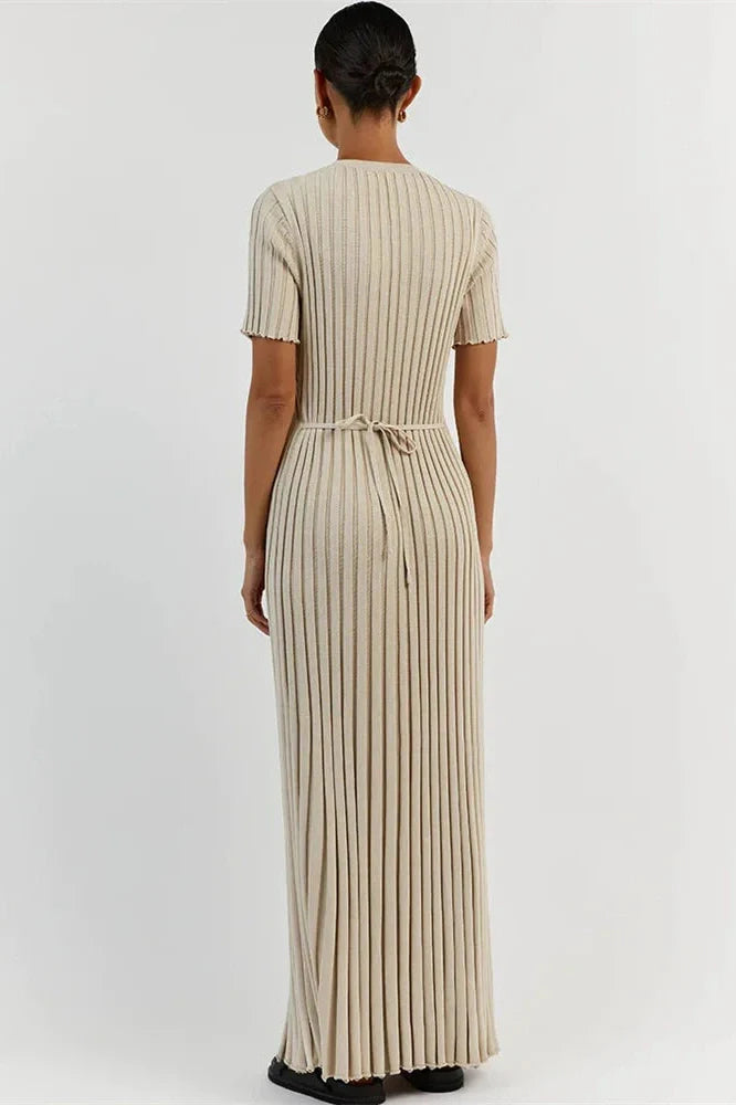 Short Sleeve Lace-Up High Waist Patchwork Maxi Dress