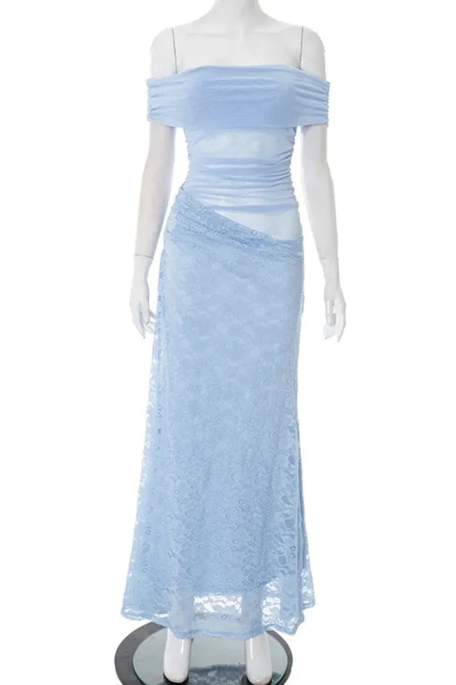 Off-Shoulder Strapless Sleeveless Backless Lace See Through Maxi Dress