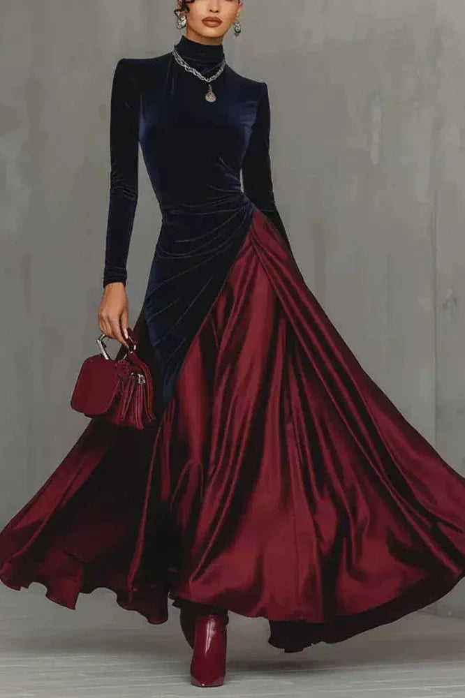 Elegant High Waist Pleated Slim Long Sleeve Maxi Dress