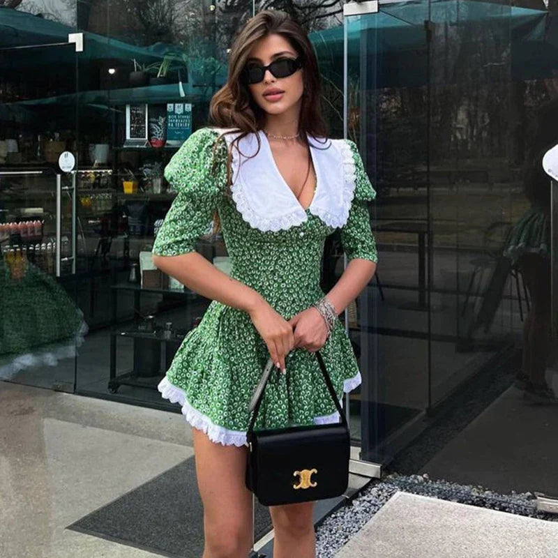 Short Sleeve Lace High Waist Mini Dress