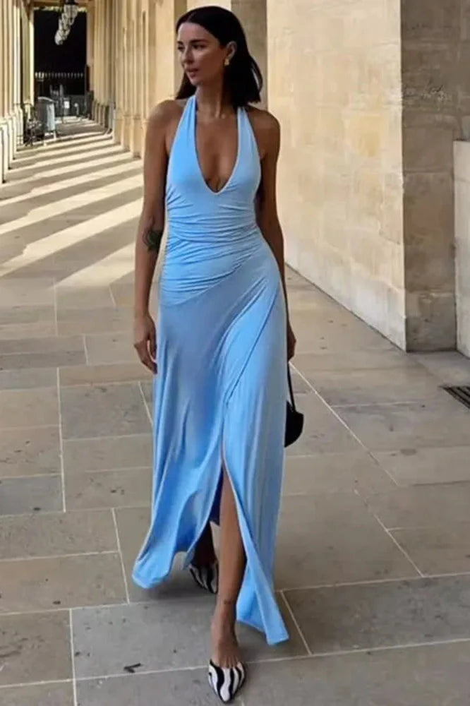 Backless Deep V Neck Sleeveless Split Maxi Dress