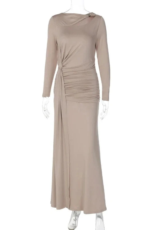 Elegant Pleats Slim-Fit Long-Sleeved Irregular Maxi Dress