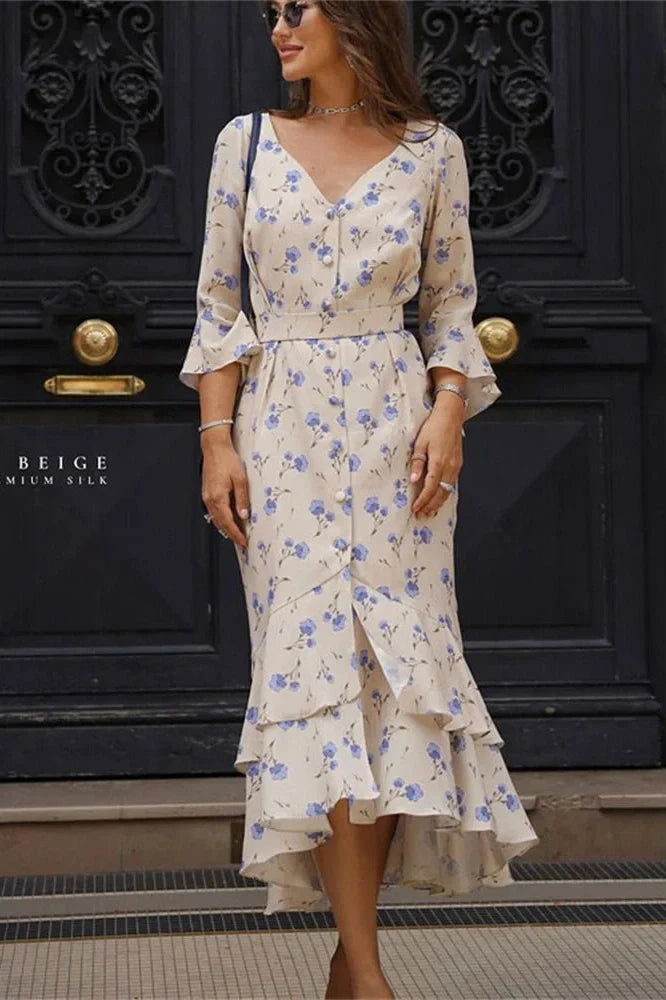V-Neck Printed Lace-Up Patchwork Slim Midi Dress