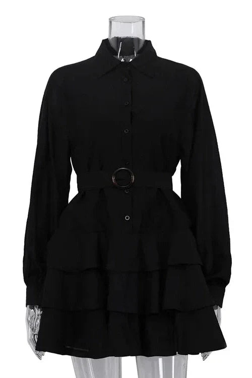 Elegant Long Sleeves Single-Breasted Belt Mini Dress