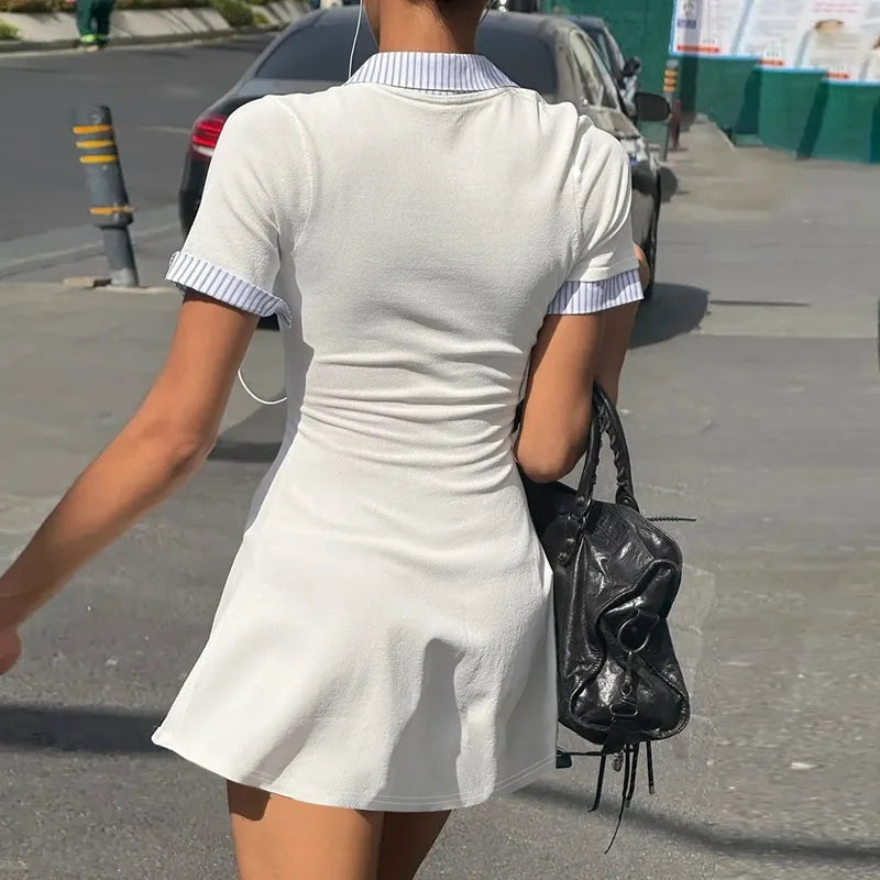 Short Sleeve Single Breasted Slim A-Line Mini Dress