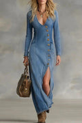 V-Neck Long Sleeve Single Breasted Slim Maxi Dress