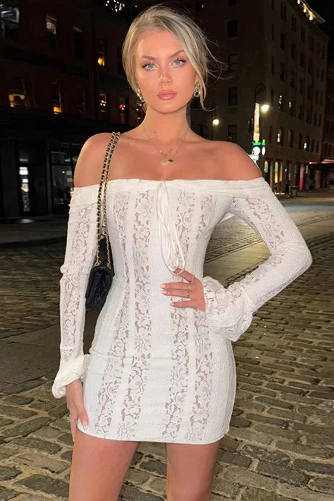 Off-shoulder Strapless Long Sleeve Lace Backless Mini Dress