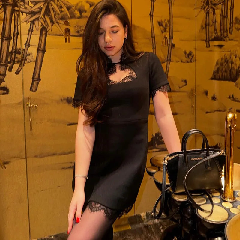 Elegant Hollow Out Patchwork High Waist Mini Dress