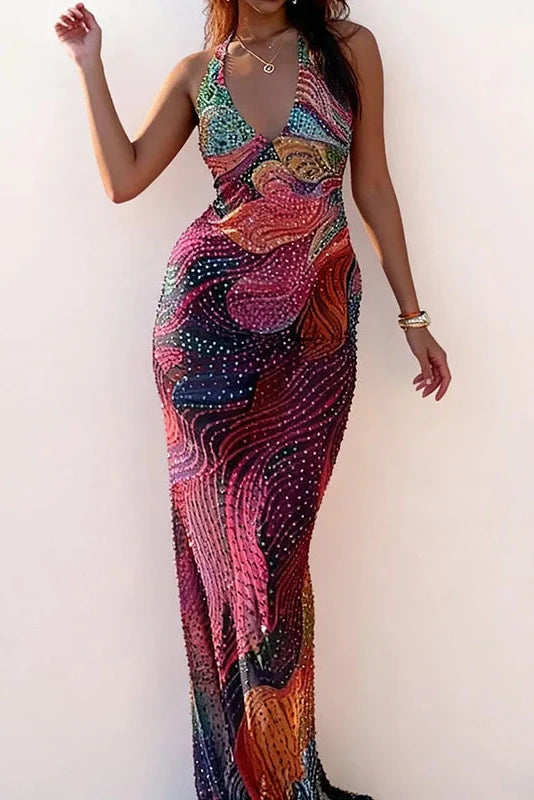 Printed Slim High Waist Sleeveless V-Neck Maxi Dress