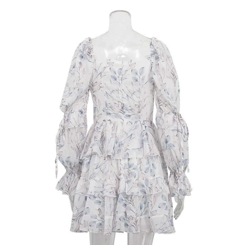 Printed Square Collar Long Sleeve Lace-Up Mini Dress