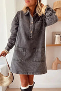 Elegant Long Sleeve Pocket High Waist Loose Printed Mini Dress