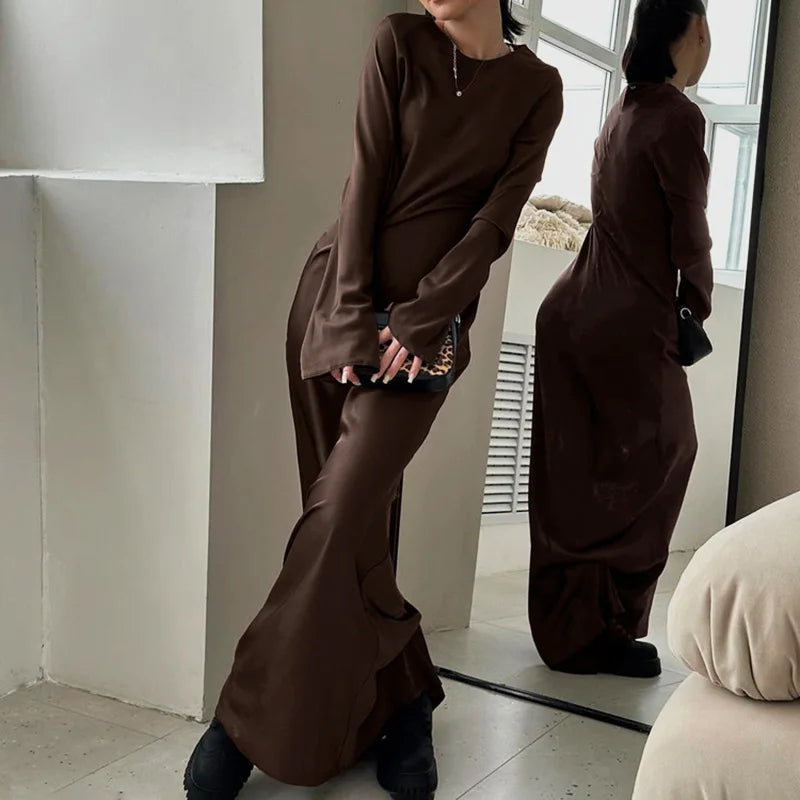 O-Neck Lace Up Long Sleeve Maxi Dress