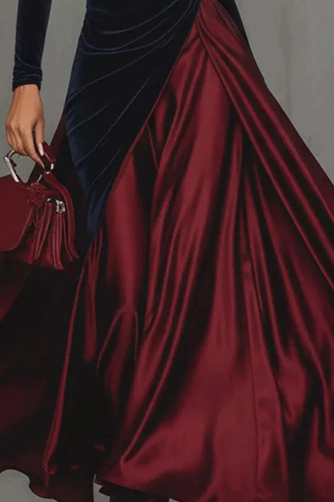 Elegant High Waist Pleated Slim Long Sleeve Maxi Dress