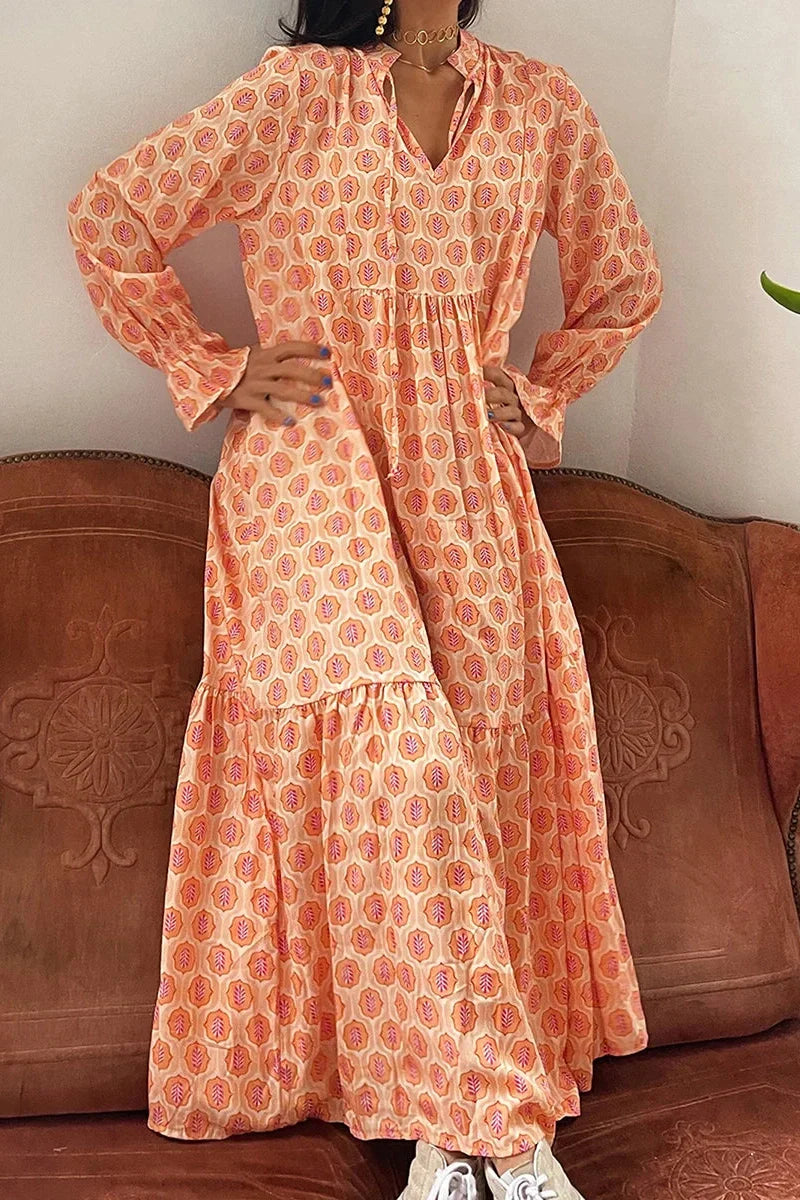Print Tie-Up Long Sleeve V-Neck Maxi Dress