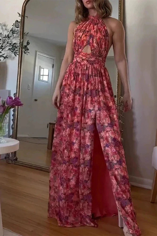 Hollow Out Sleeveless High Waist Pleated Printed Maxi Dress