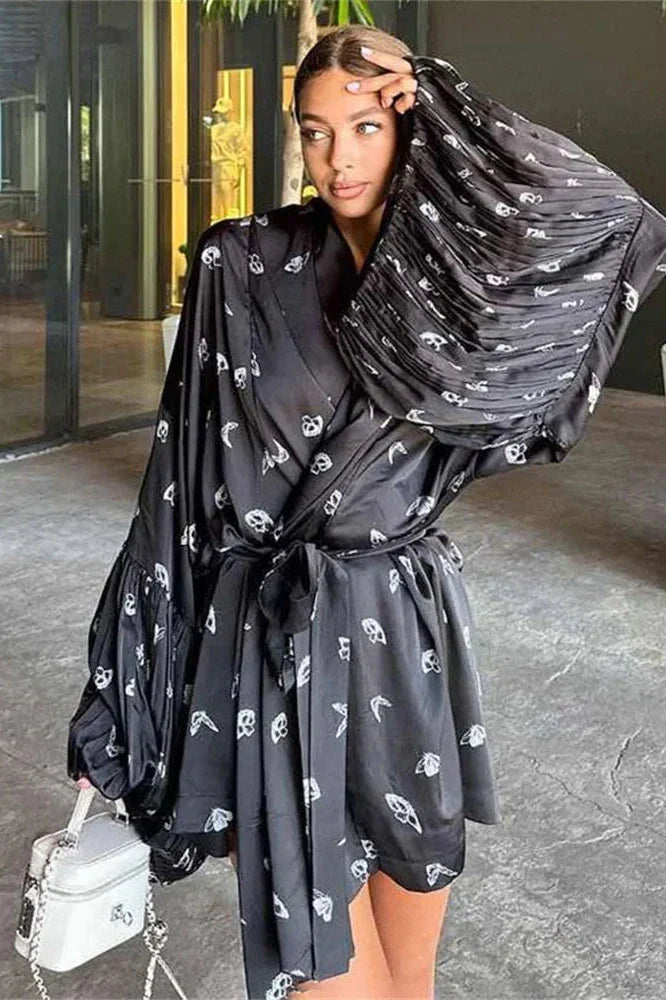 Printed Lace-Up V-Neck Loose Long Sleeve Mini Dress