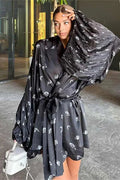 Printed Lace-Up V-Neck Loose Long Sleeve Mini Dress