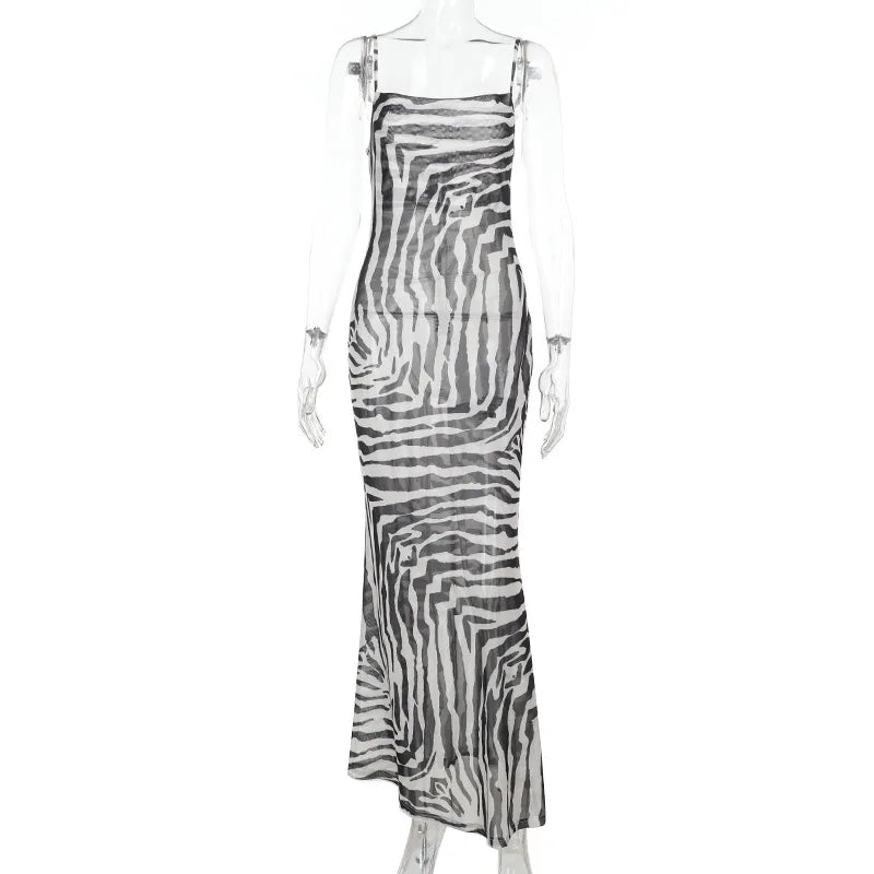Printed  Spaghetti Strap Lace Up Maxi Dress