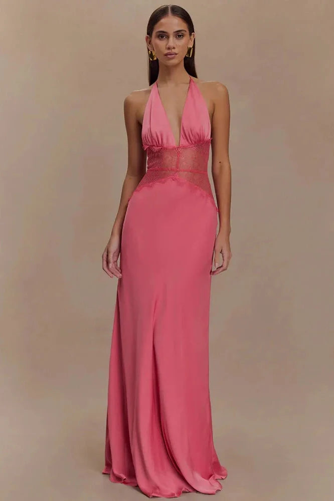 Backless Patchwork Lace Deep V Neck Sleeveless High Waist Maxi Dress