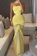 Hollow Waist Pleated Sleeveless Slim Maxi Dress