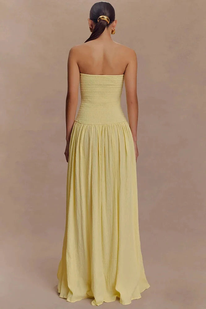Off-Shoulder Strapless Sleeveless Backless High Split Pleated Maxi Dress