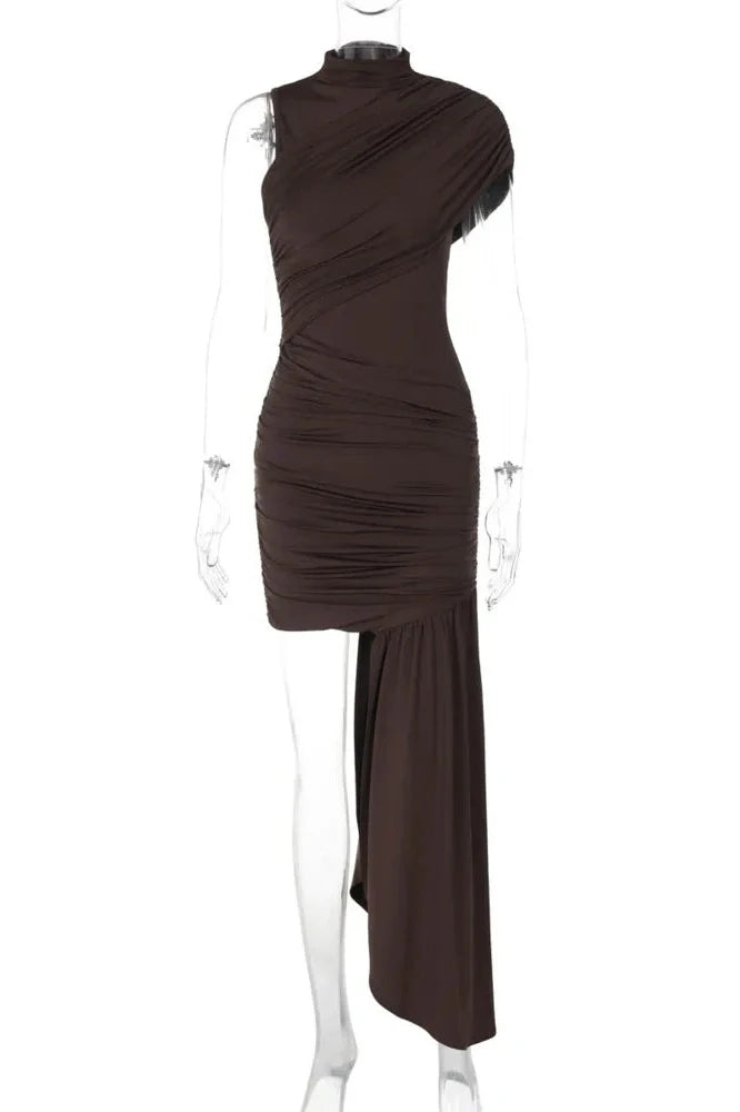 Turtleneck Sleeveless High Waist Pleated Irregular Mini Dress