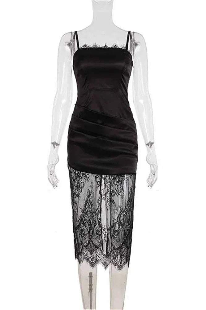 Lace See-Through Patchwork Backless Slim Midi Dress