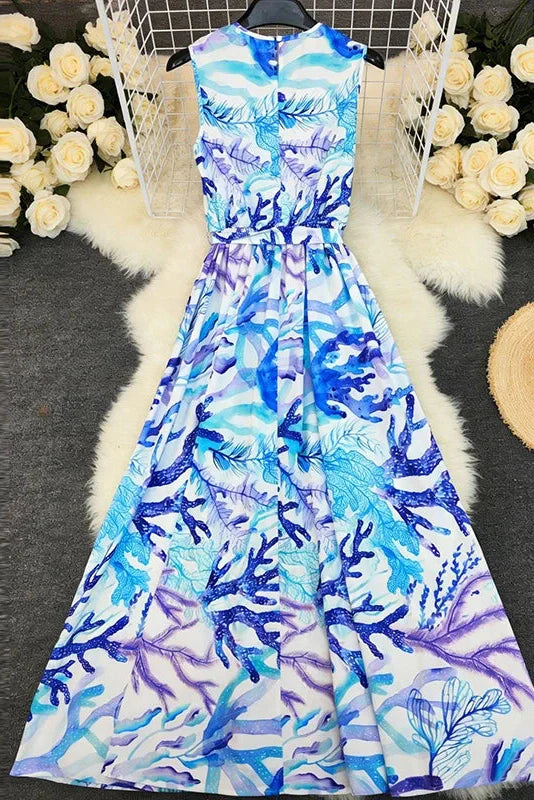 Printed Pleated Sleeveless High Waist Maxi Dress