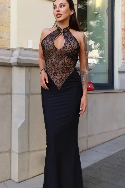 Hollow Out Lace Patchwork Slim High-Waisted Maxi Dress