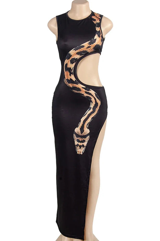 Hollow Out Printed Slim Split Sleeveless Maxi Dress