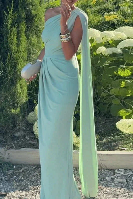 Hollow Out One Shoulder High Waist Sleeveless Slim Pleated Maxi Dress