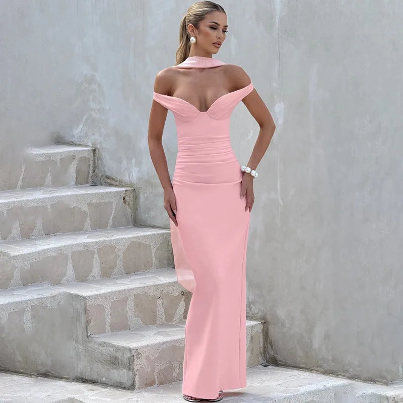 Scarf Collar Strapless Backless Slit Maxi Dress