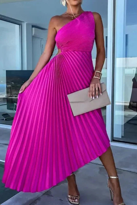 Hollow Out One Shoulder Slim Fit Pleated Maxi Dress