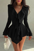 Lace-Up Flare Sleeve V-Neck Slim High Waist Mini Dress