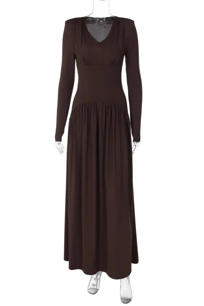 Long Sleeve V Neck High Waist Slim Pleated Maxi Dress