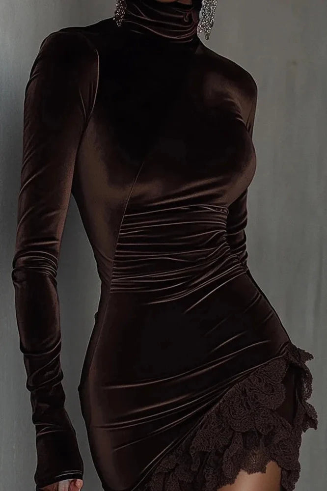 Elegant High Waist Turtleneck Slim Lace Irregular Mini Dress