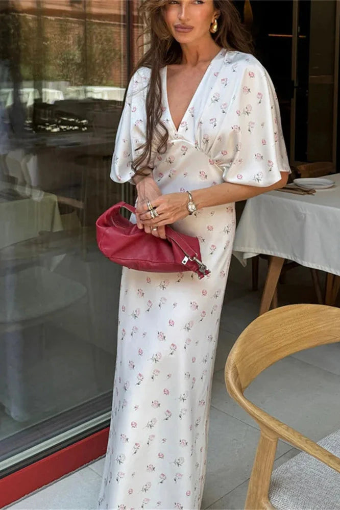 Printed V-Neck High Waist Slim Maxi Dress